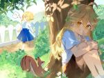  1boy 1girl ? aether_(genshin_impact) aged_down blonde_hair blue_skirt blush brown_shorts genshin_impact hair_between_eyes hide_and_seek highres kouta_(pixiv14981568) long_hair lumine_(genshin_impact) shirt shorts skirt smile squirrel teeth tree white_shirt yellow_eyes 