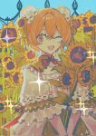  1girl akasasachii blonde_hair blue_background bun_cover don_quixote_(project_moon) double_bun dress field flower flower_field frilled_sleeves frills green_ribbon hair_bun hair_flower hair_ornament hair_ribbon highres limbus_company one_eye_closed project_moon puffy_short_sleeves puffy_sleeves ribbon short_hair short_sleeves simple_background solo sparkle sunflower sunflower_field sunflower_hair_ornament white_dress yellow_eyes 