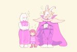  anthro armor asgore_dreemurr biped blush bottomwear bovid cape caprine clothing dress feet female footwear fur glare goat human mammal musical_note ouse pants protagonist_(undertale) shoes simple_background smile solo toes toriel undertale undertale_(series) video_games white_body white_fur 