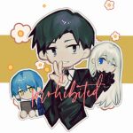  1boy 2girls akasasachii angela_(project_moon) angelica_(project_moon) black_eyes black_gloves black_hair black_jacket black_necktie blue_eyes blue_hair closed_mouth collared_shirt gloves grin hand_up highres jacket jitome lapels library_of_ruina long_hair long_sleeves looking_at_viewer multiple_girls necktie notched_lapels one_eye_closed project_moon roland_(project_moon) shirt short_hair smile very_long_hair w white_hair white_shirt yellow_eyes 