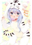  1girl absurdres animal_costume animal_print bangs blue_eyes blue_hair blush border claw_pose commentary_request feet_out_of_frame gochuumon_wa_usagi_desu_ka? hair_between_eyes hair_ornament hands_up happy_new_year highres hood hood_up hoodie kafuu_chino kiyo_(yamazoe1122) long_hair long_sleeves looking_at_viewer new_year open_mouth outside_border patterned_background polka_dot polka_dot_hair polka_dot_hoodie sharp_teeth solo tail teeth tiger_costume tiger_print upper_teeth white_border x_hair_ornament 