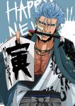  1boy arrancar background_text bleach body_markings bone calligraphy_brush espada fangs furrowed_brow grimmjow_jaegerjaquez hakama happy_new_year highres holding holding_paper ink japanese_clothes jewelry light_blue_eyes light_blue_hair looking_at_viewer male_focus muscular muscular_male necklace new_year paintbrush paper pectoral_cleavage pectorals sash scar scar_on_chest solo spiked_hair straight-on tatsubi_01 teeth teeth_hold traditional_clothes two-tone_background v-shaped_eyebrows 