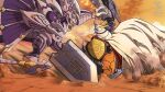  armor broken broken_armor broken_horn broken_sword broken_weapon cape claws creature digimon digimon_(creature) digimon_chronicle dorugoramon fangs fighting highres horns mecha moriyama_sou official_art omegamon small_alonso sword tail weapon wings yellow_eyes 