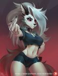  2022 5_fingers allatir anthro breasts canid canine canis clothed clothing collar digital_media_(artwork) eyebrows eyelashes female fingers grey_hair hair helluva_boss hi_res looking_at_viewer loona_(helluva_boss) mammal midriff navel red_sclera solo white_eyes wolf 