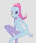  animal_humanoid blue_body blue_skin breasts ear_fins featureless_breasts female fin fish fish_humanoid hair hi_res humanoid marine marine_humanoid navel nude ouse ponytail pupils red_hair sitting slit_pupils solo undertale_(series) undyne yellow_sclera 