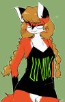 2024 anthro arm_tuft biped black_body black_clothing black_fur black_markings black_topwear breasts brown_hair canid canine cheek_tuft chest_tuft cleavage clothed clothing cute_fangs eyebrow_through_hair eyebrows facial_tuft featureless_crotch female fox fur gloves_(marking) green_background hair hi_res linux mammal markings mascot nervaniias nightgown one_eye_closed pigtails red_body red_fox red_fur shirt simple_background solo star tail tail_tuft text text_on_clothing text_on_shirt text_on_topwear topwear trans_(lore) trans_woman_(lore) translucent translucent_hair true_fox tuft white_body white_fur wink xenia_(linux)