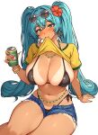  1girl absurdres alternate_breast_size aqua_eyes aqua_hair bikini black_bikini blush bracelet brazilian_miku breasts can cetta_(cettadvd) cleavage clothes_in_mouth clothes_lift denim denim_shorts drink_can earrings eyewear_on_head flower guarana_antarctica hair_between_eyes hair_flower hair_ornament hatsune_miku highres holding holding_can jewelry large_breasts looking_at_viewer mouth_hold multicolored_nails navel necklace shirt shirt_in_mouth shirt_lift short_shorts shorts simple_background sitting soda_can solo stomach sunglasses swimsuit tan tanlines twintails vocaloid white_background yellow_shirt 