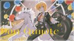  1girl akasasachii balloon black_coat black_pants carousel coat collared_shirt commentary don_quixote_(project_moon) english_commentary highres holding holding_polearm holding_weapon lance lapels limbus_company long_sleeves looking_at_viewer necktie notched_lapels pants polearm project_moon red_necktie shirt short_hair sitting solo sparkle sparkling_eyes weapon white_shirt 