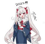  1girl 2022 ahoge azur_lane bangs blue_kimono blush bow ears eyebrows_visible_through_hair fang floral_print fur_collar grey_hair hair_between_eyes hair_bow hair_ornament holding holding_paper japanese_clothes kimono long_hair long_sleeves looking_at_viewer new_year ohisashiburi omikuji open_mouth paper red_eyes smile smirk solo solo_focus twintails valiant_(azur_lane) wide_sleeves 