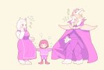  anthro armor asgore_dreemurr beard biped blonde_hair blush bottomwear bovid cape caprine clothing dress facial_hair female footwear fur goat hair horn human japanese_text mammal ouse protagonist_(undertale) shoes shorts solo text toriel undertale undertale_(series) video_games white_body white_fur 