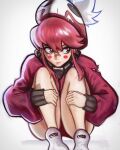  1girl bandage_on_face bandages bandaid bandaid_on_leg blush chapinor fetal_position highres jacket jakuzure_nonon kill_la_kill long_sleeves looking_to_the_side nike_(company) pink_eyes pink_hair red_hair sitting solo torn_clothes track_jacket 