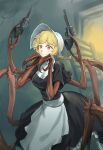  1girl apron arthropod_girl bangs black_dress blonde_hair cliffside cordie dress gun hands_up hat holding holding_gun holding_weapon long_hair monster_girl pd_(seripanda) shadow short_sleeves smile solo spider_girl twintails weapon white_apron white_headwear yellow_eyes 