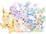  :3 :d alternate_color animal_focus blue_eyes closed_eyes closed_mouth commentary eevee espeon everyone flareon glaceon jolteon kana_(maple926) leafeon looking_at_viewer no_humans open_mouth pokemon pokemon_(creature) purple_eyes red_eyes shiny_pokemon simple_background smile split_mouth sylveon toes umbreon vaporeon white_background yellow_eyes 