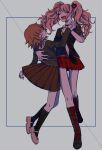  1boy 1girl :d bear_hair_ornament black_choker black_footwear black_necktie blue_eyes boots breasts brown_eyes brown_hair brown_skirt choker collarbone corpse dancing danganronpa:_trigger_happy_havoc danganronpa_(series) enoshima_junko eyebrows_visible_through_hair fujisaki_chihiro full_body green_jacket grey_background grey_footwear hair_ornament highres jacket jun_(jung_rk) knee_boots kneehighs long_hair medium_breasts multicolored_necktie necktie otoko_no_ko plaid plaid_skirt pleated_skirt red_skirt shoes short_hair simple_background skirt smile teeth twintails upper_teeth white_necktie 