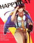  1boy argyle battle_tendency blue_eyes blush brown_hair cane chikusawa english_text gloves grin hat jacket jacket_on_shoulders jojo_no_kimyou_na_bouken joseph_joestar joseph_joestar_(young) lyrics necktie one_eye_closed quilted_coat single_glove smile solo suspenders top_hat 