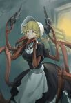  1girl apron arthropod_girl bangs black_dress blonde_hair cliffside cordie dress glowing glowing_eyes gun hands_up hat holding holding_gun holding_weapon long_hair monster_girl pd_(seripanda) shadow short_sleeves smile solo spider_girl twintails weapon white_apron white_headwear yellow_eyes 