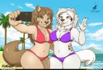  2019 anthro arctic_wolf artist_logo beach bikini brown_eyes brown_hair canid canine canis cellphone claws clothing duo female fur gesture green_eyes hair hand_behind_back kanutwolfen leona_rossengard_(character) logo mammal palm_tree phone plant sara_(athom) seaside selfie signature smartphone smile swimwear thick_thighs tongue tongue_out tree v_sign white_body white_fur white_hair wolf 