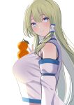  1girl amisu bare_shoulders blue_eyes blush breasts closed_mouth detached_sleeves eyebrows_visible_through_hair food food_on_breasts fruit green_hair hair_between_eyes hair_ornament highres japanese_clothes kochiya_sanae large_breasts long_hair mandarin_orange nontraditional_miko simple_background smile snake_hair_ornament solo touhou upper_body white_background wide_sleeves 