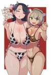 2girls :d animal_ears animal_print areola_slip areolae bangs black_hair blonde_hair breasts cleavage cow_ears cow_horns cow_print dark-skinned_female dark_skin eyebrows_visible_through_hair fang geso_smith green_eyes highres horns large_areolae large_breasts long_hair looking_at_viewer mole mole_under_eye multiple_girls navel open_mouth original purple_nails short_hair smile tiger_ears tiger_print 