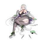  1girl albino ass battle_damage breasts cheona_(last_origin) coat colored_eyelashes earrings eyebrows_visible_through_hair full_body green_nails grey_legwear high_tops highres jewelry knife last_origin long_hair looking_at_viewer medium_breasts multicolored_nails official_art on_ground panties pantyhose purple_nails silver_hair sleeves_past_wrists snake tachi-e taesi tears throwing_knife torn_clothes torn_legwear transparent_background underwear very_long_hair weapon white_snake 