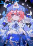  1girl akasasachii blue_bow blue_butterfly blue_dress blue_hat blue_ribbon blue_sash bow bug butterfly closed_mouth collared_dress dress frilled_hat frilled_shirt_collar frills hands_up hat highres juliet_sleeves long_sleeves looking_at_viewer mob_cap neck_ribbon pink_eyes pink_hair puffy_sleeves ribbon saigyouji_yuyuko sash sash_bow short_hair sidelocks smile solo touhou triangular_headpiece wavy_hair white_butterfly wide_sleeves 