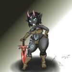 bandage big_breasts black_hair blue_eyes blue_markings bottomwear breasts brown_background brown_bottomwear brown_clothing brown_loincloth brown_topwear cleavage clothed clothing female grey_body grey_skin hair hand_on_hip holding_melee_weapon holding_object holding_sword holding_weapon horn horned_humanoid humanoid humanoid_pointy_ears loincloth looking_at_viewer markings melee_weapon muh&#039;kean namu_(paccsu) pink_horn short_hair simple_background solo sword thegrossmind thick_thighs topwear weapon white_background wide_hips