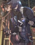  !? 1boy 1girl arm_around_waist bandaged_arm bandages black_bandages black_hair black_jacket blue_eyes bow brick_wall clorinde_(genshin_impact) english_commentary fingerless_gloves from_behind genshin_impact gloves hair_bow highres hug indoors jacket long_hair low-tied_long_hair miniskirt multicolored_hair pantyhose purple_hair rchella scar scar_on_arm short_hair skirt sticker streaked_hair wriothesley_(genshin_impact) 