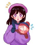  1girl bangs beanie beret black_hair blunt_bangs blush character_doll coat doll gloves hat holding holding_doll long_hair object_hug open_mouth purple_coat purple_eyes south_park stan_marsh stuffed_toy wendy_testaburger 