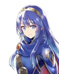  1girl armor bangs belt blue_eyes blue_hair cape closed_mouth eyebrows_visible_through_hair fire_emblem fire_emblem_awakening hiyashiru long_hair looking_at_viewer lucina_(fire_emblem) shiny shiny_hair shoulder_armor smile solo symbol_in_eye tiara turtleneck upper_body white_background 