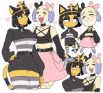  absurd_res animal_crossing ankha_(animal_crossing) anthro belt biped black_eyeshadow black_hair blush canid canine canis clothing crop_top daisy_mae_(animal_crossing) domestic_cat domestic_dog duo egyptian_headdress eyeshadow felid feline felis female fur goth hair hi_res idolomantises makeup mammal markings nintendo shirt smile striped_markings striped_tail stripes sweater tail_markings topwear video_games yellow_body yellow_fur 