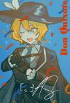 1girl akasasachii belt black_belt black_gloves black_jacket blonde_hair blue_background blue_cape blue_hat blue_necktie cape cavalier_hat character_name cinq_association_(identity)_(project_moon) collared_shirt cowboy_shot don_quixote_(project_moon) frilled_sleeves frills gloves hat hat_feather highres jacket limbus_company necktie one_eye_closed open_mouth project_moon shirt simple_background solo sparkling_eyes white_shirt yellow_eyes 