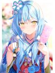  1girl absurdres blue_kimono blue_nails floral_print highres holding holding_paddle holding_paintbrush hololive japanese_clothes kimono mugicho_(kdks5554) nail_polish obi paddle paintbrush print_kimono sash solo tassel virtual_youtuber yukihana_lamy 