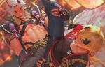  abs arataki_itto black_nails blurry blurry_background body_markings bodypaint choker dog_tags fake_horns genshin_impact grinding holding_another&#039;s_leg horned_headwear horns male_focus muscular muscular_male oni pectorals penguin_frontier red_horns sideburns spiked_choker spikes spread_legs tengu thoma_(genshin_impact) toned toned_male vision_(genshin_impact) yaoi 