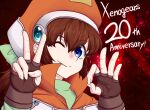  1girl benizuwai blue_eyes bow brown_hair closed_mouth fingerless_gloves gloves hat long_hair looking_at_viewer marguerite_fatima one_eye_closed orange_headwear simple_background smile solo xenogears 