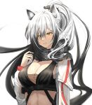  1girl :d absurdres amu_(amu_loud7777) animal_ears arknights bangs black_scarf breasts cat_ears cleavage commentary_request crop_top hand_up highres jacket large_breasts long_hair looking_at_viewer midriff open_clothes open_jacket scarf schwarz_(arknights) silver_hair simple_background smile solo stomach upper_body white_background white_jacket yellow_eyes 