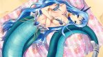  1girl bikini blanket blue_eyes blue_hair bracelet breasts choker crossed_arms facial_mark game_cg hair_intakes horns jewelry lamia long_hair looking_at_viewer lying medium_breasts midriff monster_girl monster_musume_no_iru_nichijou monster_musume_no_iru_nichijou_online navel necklace official_art on_back partially_undressed sea_(monster_musume) solo swimsuit tiara very_long_hair 