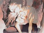  1boy angel angel_wings belt collarbone eyebrows_visible_through_hair feathered_wings fishcoooo highres looking_at_viewer male_focus monochrome nagisa_kaworu neon_genesis_evangelion parted_lips red_eyes shirt_tucked_in sitting solo white_hair wings 