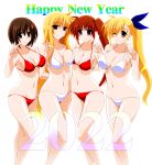  2022 4girls ahoge bikini blonde_hair blue_eyes blue_ribbon breasts brown_hair cleavage engo_(aquawatery) fate_testarossa feet_out_of_frame hair_ornament hair_ribbon highres large_breasts long_hair lyrical_nanoha medium_breasts multiple_girls navel new_year ponytail red_bikini red_eyes ribbon short_hair swimsuit takamachi_nanoha twintails vivio white_bikini x_hair_ornament yagami_hayate 