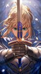  1girl ahoge armor armored_dress artoria_pendragon_(fate) blonde_hair blue_ribbon blurry bokeh bow braid breastplate caliburn_(fate) commentary_request depth_of_field fate/stay_night fate_(series) faulds gauntlets green_eyes hair_between_eyes hair_bow hair_bun highres holding holding_sword holding_weapon huangwanzi looking_at_viewer ribbon saber_(fate) short_hair sidelocks single_hair_bun solo sword upper_body weapon 