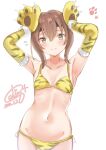  1girl animal_hands animal_print arms_up bikini breasts brown_eyes brown_hair dated gloves headband highres kantai_collection looking_at_viewer paw_gloves pen_chou short_hair signature small_breasts solo swimsuit taihou_(kancolle) tiger_print white_background yellow_bikini yellow_gloves 