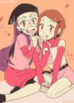  2girls brown_hair closed_mouth digimon digimon_adventure_02 fingerless_gloves glasses gloves hair_ornament hairclip inoue_miyako long_hair looking_at_viewer multiple_girls open_mouth purple_hair short_hair shorts skirt smile v yagami_hikari yukataro 