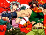  2boys battle_tendency brown_hair bubble caesar_anthonio_zeppeli crop_top facial_mark feather_hair_ornament feathers fighting_stance fingerless_gloves gloves green_hair grey_hair hair_ornament headband jojo_no_kimyou_na_bouken joseph_joestar joseph_joestar_(young) male_focus michiru_(amphibian) midriff multiple_boys scarf striped striped_scarf suspenders triangle_print 