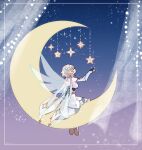  1girl blonde_hair curtains detached_sleeves dress eyebrows_visible_through_hair fairy_wings flower genshin_impact hair_flower hair_ornament highres jewelry light_particles long_hair lumine_(genshin_impact) short_hair simple_background sitting_on_moon sky solo sorane sparkle star_(sky) star_(symbol) starry_sky transparent_wings white_dress wind wings 