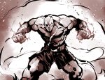  1boy bald belt eyepatch fighting_stance glowing_hands greyscale highres ishiyumi looking_ahead male_focus monochrome one_eye_covered sagat scar scar_on_chest scowl shorts solo street_fighter topless_male 