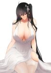  1girl absurdres axicoi azur_lane backless_dress backless_outfit black_hair breasts center_opening cleavage cocktail_dress dress earrings evening_gown hair_between_eyes hair_ornament highres huge_breasts jewelry long_hair looking_at_viewer official_alternate_costume plunging_neckline red_eyes satin_dress simple_background sleeveless sleeveless_dress solo taihou_(azur_lane) taihou_(temptation_on_the_sea_breeze)_(azur_lane) very_long_hair wedding_dress white_background white_dress 