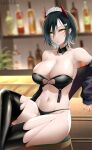  1girl absurdres alcohol artist_name azur_lane bar bar_stool bare_shoulders bikini black_bikini black_hair black_jacket black_legwear blurry blurry_background bottle breasts closed_mouth collarbone crossed_legs detached_collar ear_piercing earrings hair_ornament highres horns jacket jewelry large_breasts larger_bmx looking_at_viewer maid_bikini navel off_shoulder piercing red_nails shelf short_hair sitting skindentation solo stool swimsuit thighhighs thighs torn_clothes torn_legwear ulrich_von_hutten_(azur_lane) ulrich_von_hutten_(mayhem_maid)_(azur_lane) x_hair_ornament yellow_eyes 