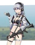  1girl absurdres assault_rifle azur_lane bikini black_bikini black_choker black_gloves blurry blurry_background breasts choker closed_mouth cowboy_shot depth_of_field enterprise_(azur_lane) fingerless_gloves gar32 gloves grey_hair gun headphones headset highres holding holding_gun holding_weapon hood hood_down id_card lanyard large_breasts long_hair looking_at_viewer microphone nasa_logo navel purple_eyes rifle shrug_(clothing) smile solo standing swimsuit thigh_pouch thigh_strap waving weapon weapon_request 