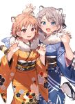  2girls alternate_costume animal_ears blue_eyes blue_kimono eyebrows_visible_through_hair fang floral_print furisode geta grey_hair hair_between_eyes hair_ornament hairclip highres japanese_clothes kimono long_sleeves love_live! love_live!_sunshine!! makura_(makura0128) multiple_girls new_year obi open_mouth orange_hair orange_kimono red_eyes sandals sash short_hair simple_background socks tabi tail takami_chika tiger_ears tiger_hair_ornament tiger_tail watanabe_you white_background wide_sleeves 