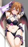  1girl :p adapted_costume bat_wings bikini black_bikini black_bow black_footwear black_horns black_wings blush bow breasts brown_hair cleavage closed_mouth commentary criss-cross_halter demon_girl demon_horns demon_wings flower foot_out_of_frame frilled_thigh_strap gradient_wings hair_between_eyes halterneck highres horn_bow horn_flower horn_ornament horns konoe_kanata large_breasts long_hair looking_at_viewer love_live! love_live!_nijigasaki_high_school_idol_club lying multicolored_wings navel on_back pink_horns pink_wings purple_eyes purple_flower purple_rose rose shoes smile solo stomach swimsuit tongue tongue_out wings yopparai_oni 