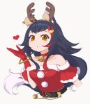 1girl :o animal_ears bare_shoulders black_hair blowing_kiss canon4869 collarbone deer_ears detached_sleeves dress fake_animal_ears fake_antlers fake_horns flipped_hair fur-trimmed_dress fur-trimmed_sleeves fur_trim hair_ornament hairclip highres hololive horns looking_at_viewer multicolored_hair ookami_mio red_dress red_hair santa_costume santa_dress sideways_glance solo spiked_hair strapless strapless_dress streaked_hair virtual_youtuber wolf_ears wolf_girl yellow_eyes 
